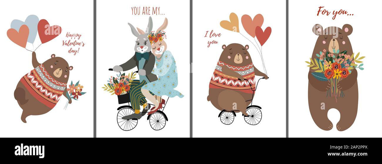 Set of Hand drawn cute animals: on the bicycle, with bouquet of flowers and balloons for decoration cards or posters. Childish vector illustration on Stock Vector