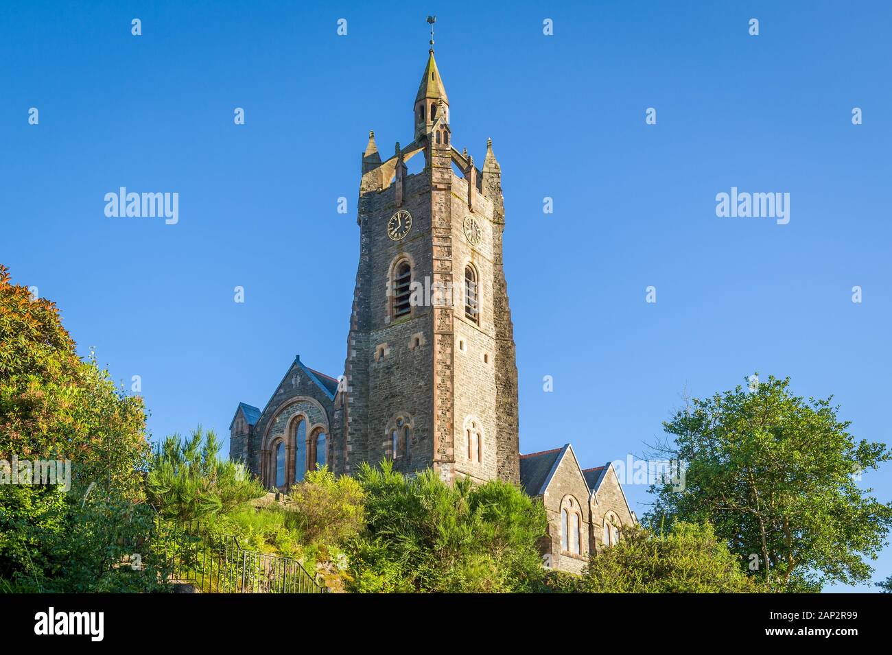 Parish Church tower on the hills of Tarbert. Landmarks of Scotland. Stock Photo