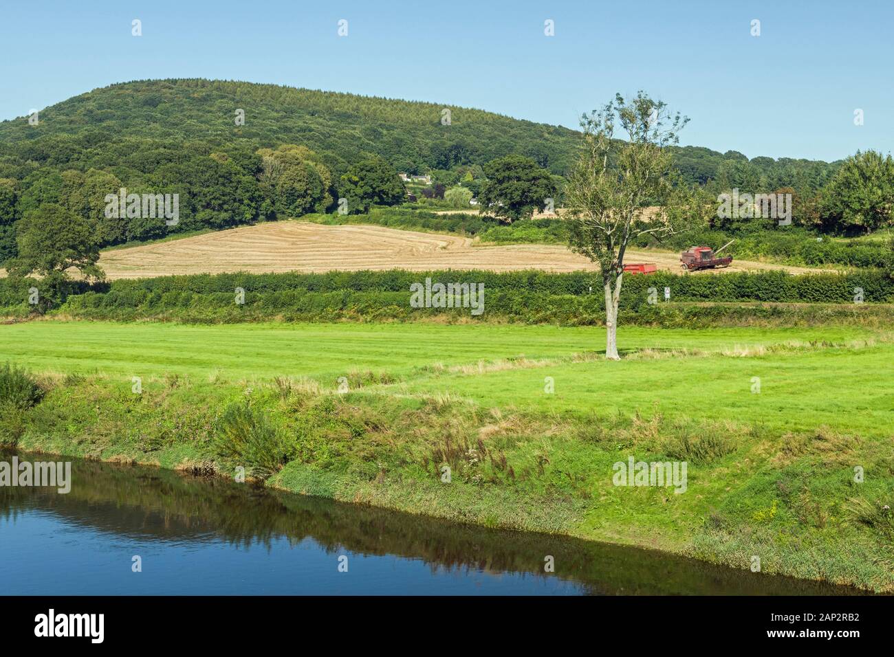 The peaceful and rural landscape scenery of the Wye Valley from Bigsweir Bridge, which separates Wales from England. Stock Photo