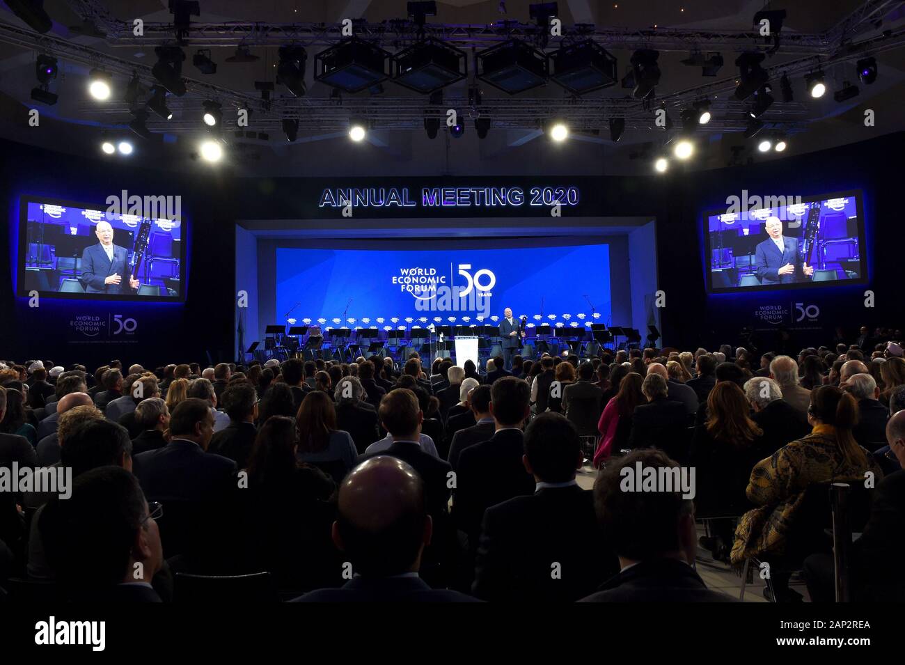 Davos, Switzerland. 20th Jan, 2020. Participants attend the Celebration of the 50th Anniversary of the World Economic Forum (WEF) in Davos, Switzerland, Jan. 20, 2020. The WEF Annual Meeting 2020 is scheduled to take place on Jan. 21-24 in Davos-Klosters in Switzerland. Credit: Guo Chen/Xinhua/Alamy Live News Stock Photo