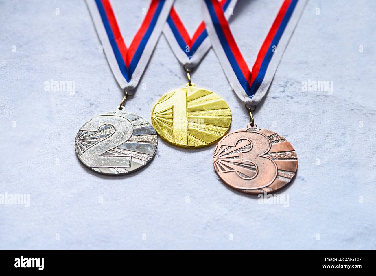 Gold silver and bronze medal on white background Stock Photo