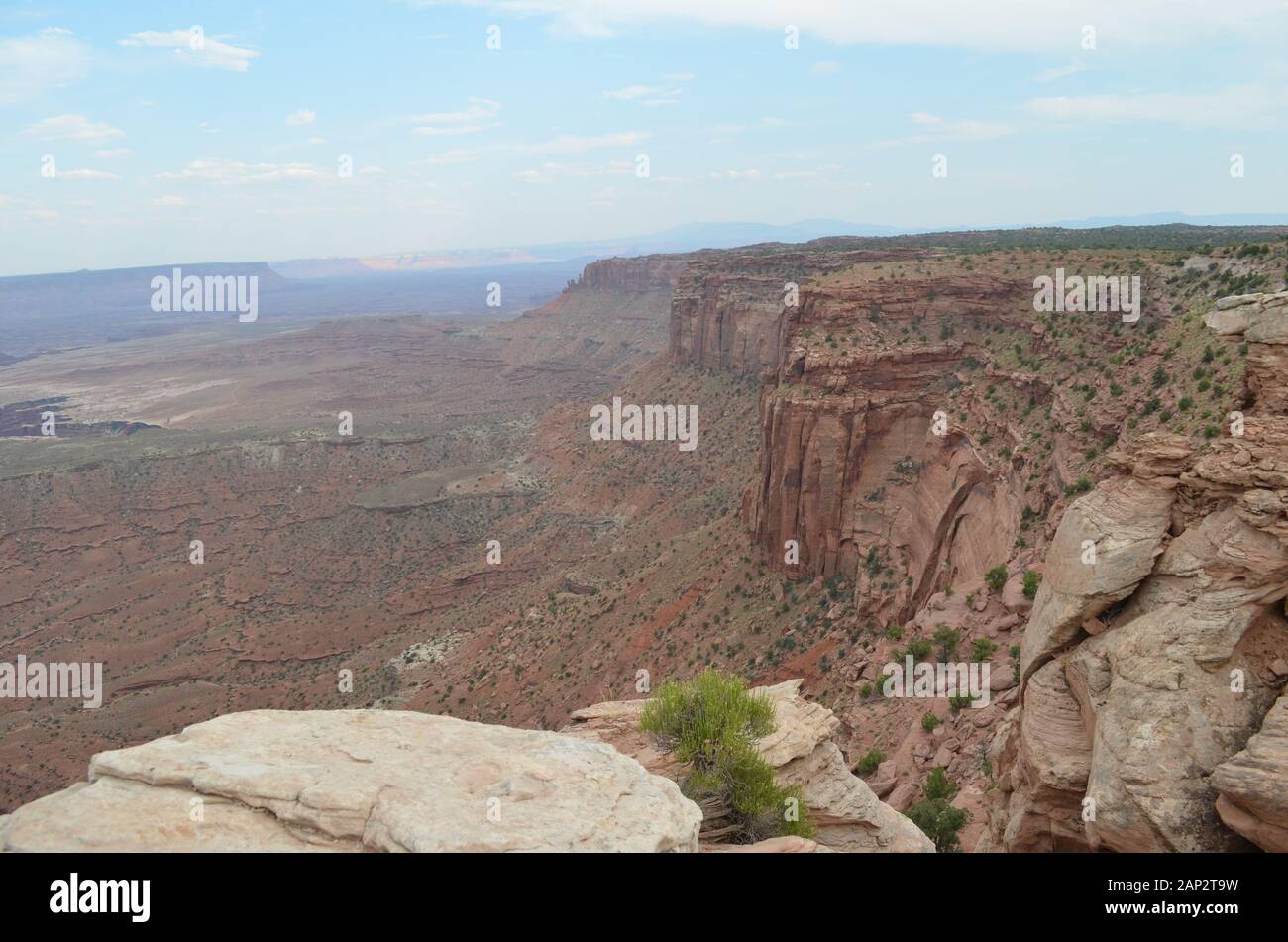 Summer in Utah: Looking Toward Grand View Point at the End of the Island in the Sky Plateau from Buck Canyon Overlook in Canyonlands National Park Stock Photo