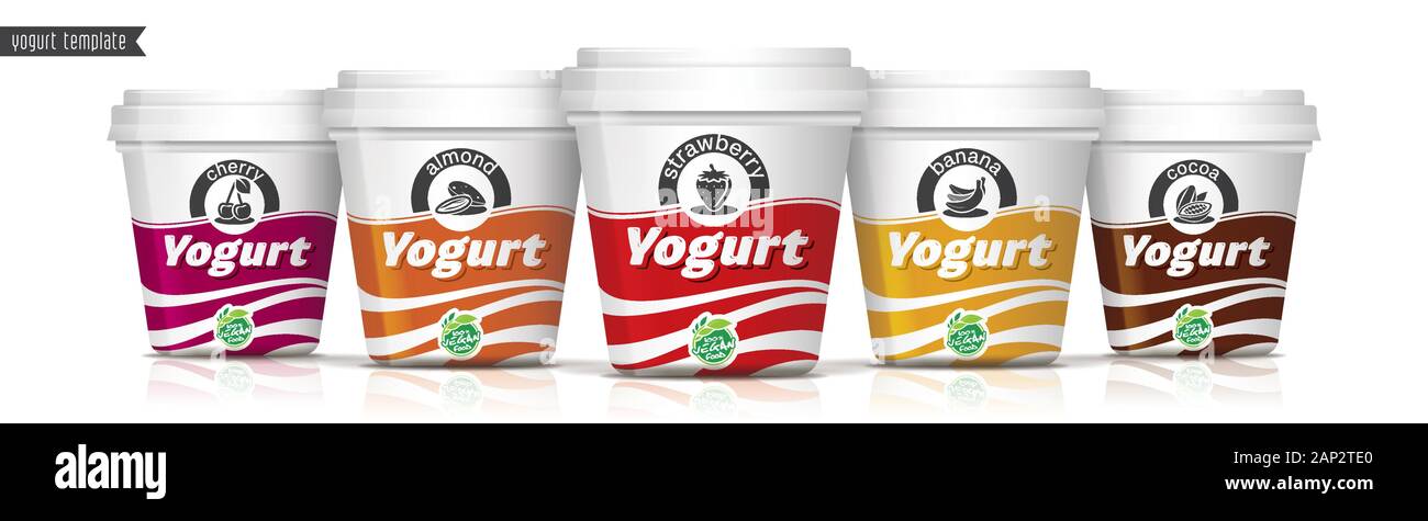 Yogurt vector packaging design. Fruit and nuts yogurt set. Stock Vector