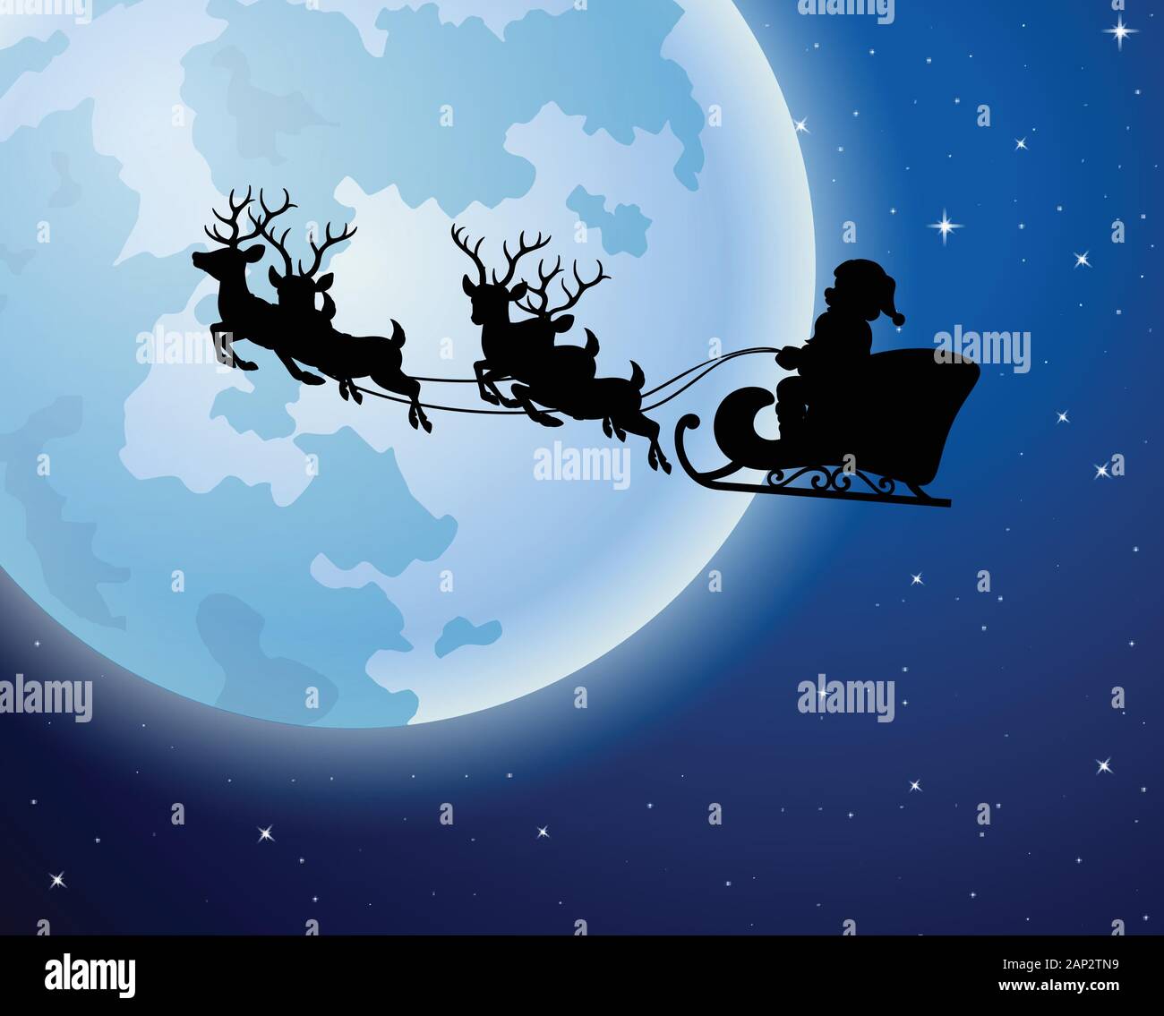 Santa Claus rides reindeer sleigh silhouette against a full moon ...