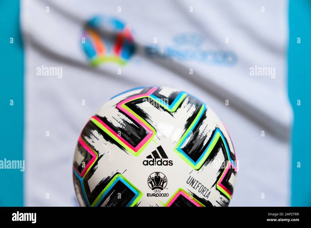 PARIS, FRANCE, JANUARY. 20. 2020: Euro 2020 background, Uniforia official ball, logo of football tournament in background Stock Photo