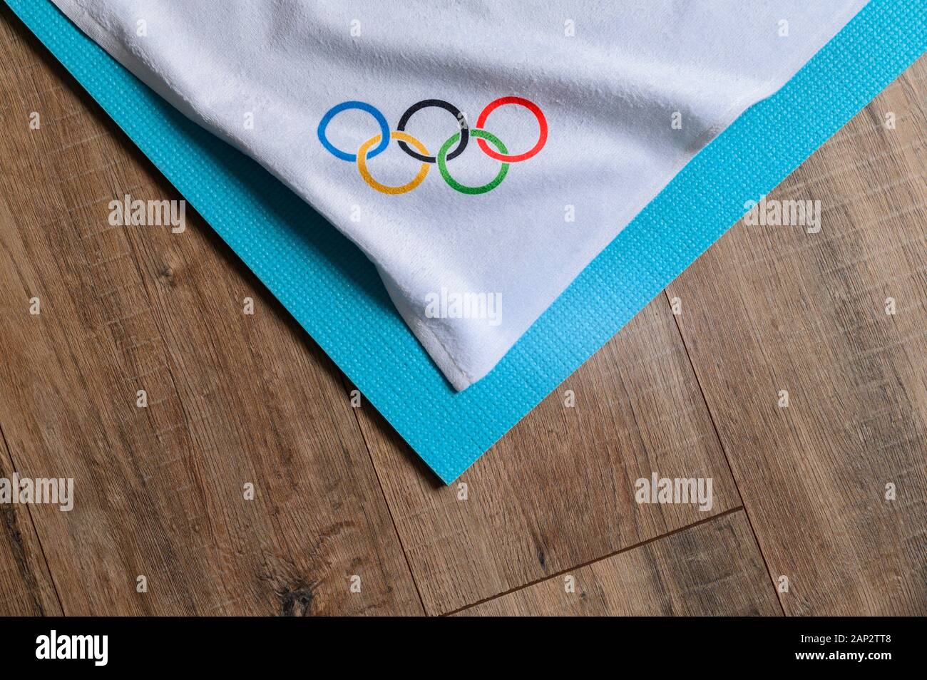 TOKYO, JAPAN, JANUARY. 20. 2020: Olympic circle on white and blue background Stock Photo