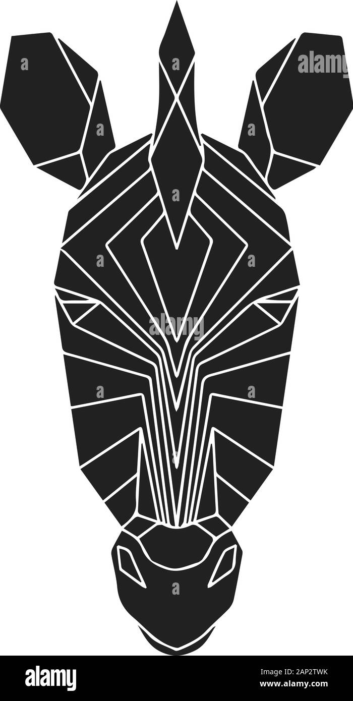 The black geometric head of zebra. Polygonal abstract animal of Africa. Vector illustration. Stock Vector