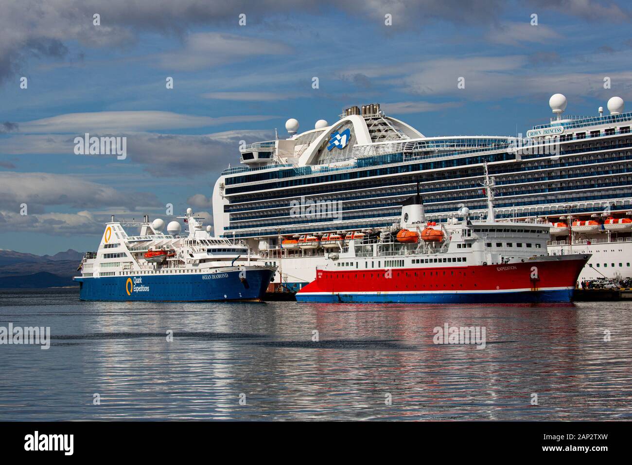 view of a cruise ship in the port of Ushuaia the capital of Tierra del Fuego, Antartida e Islas del Atlantico Sur Province, Argentina. Stock Photo