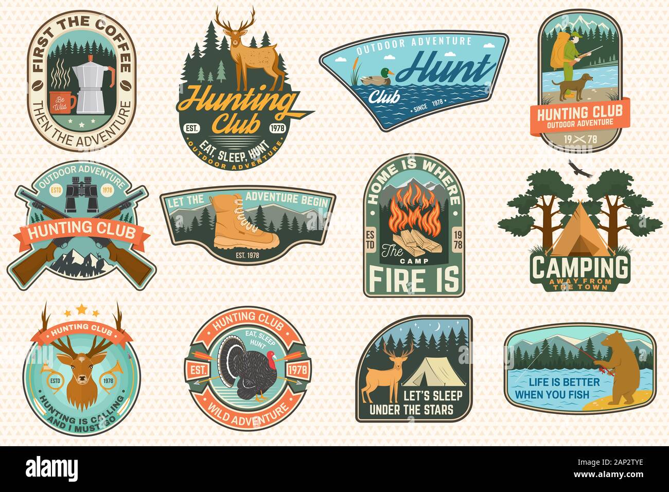 Set of outdoor adventure quotes and Hunting club patches. Vector. Concept for shirt, logo, print, stamp, patch. Patch design with hiking boots, mountains, fishing bear, deer, tent, hunter silhouette Stock Vector
