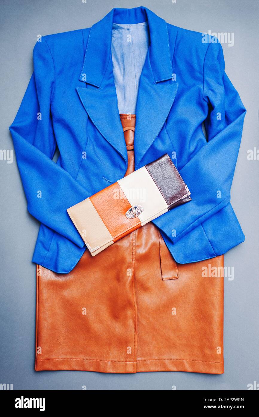 Classic Blue Trendy Color Of Spring Female Clothes Outfit Stylish Blue Jacket And Purse Stock Photo Alamy