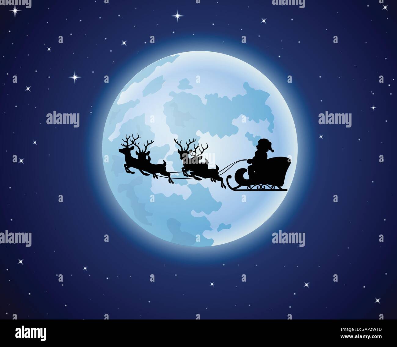 Santa Claus rides reindeer sleigh silhouette against a full moon ...