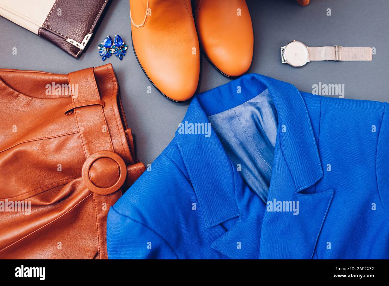 Classic Blue Trendy Color Of Spring Female Clothes Outfit Stylish Blue Jacket Brown Shoes Boots Fashion Stock Photo Alamy