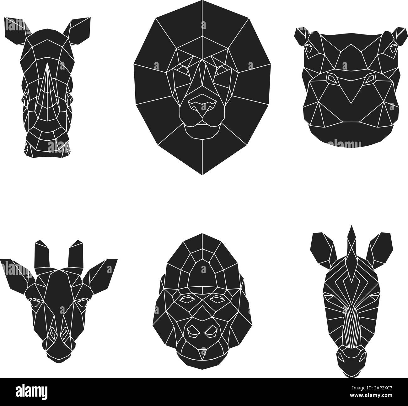 The black geometric heads of rhino, lion, hippo, giraffe, gorilla and zebra. Set polygonal abstract animals of Africa. Vector illustration. Stock Vector