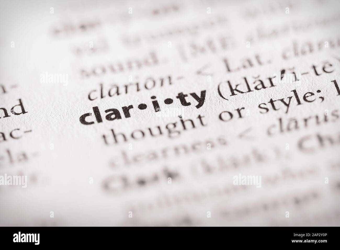 Selective focus on the word clarity. Many more word photos in my portfolio. Stock Photo