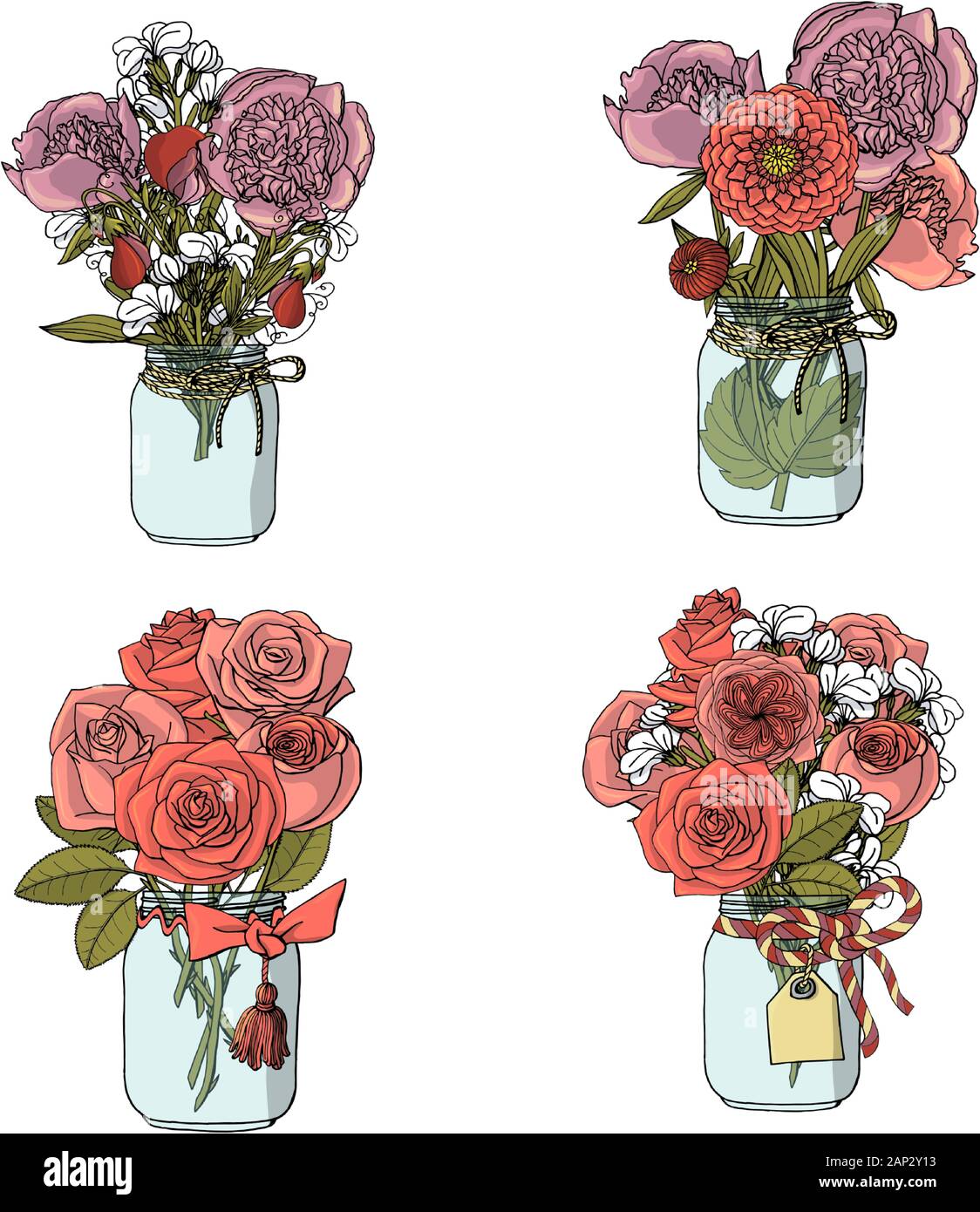 Hand drawn doodle style bouquets of different flowers: rose, peony, stock flower, sweet pea. isolated on white background. vector Stock Vector
