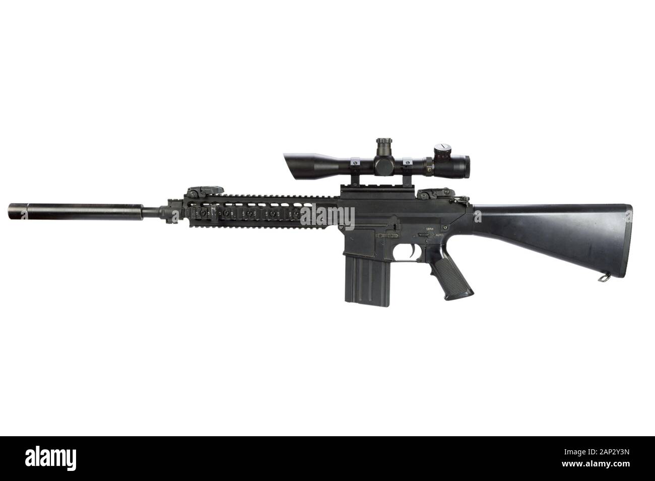 AR15 based sniper rifle with silencer isolated on a white background