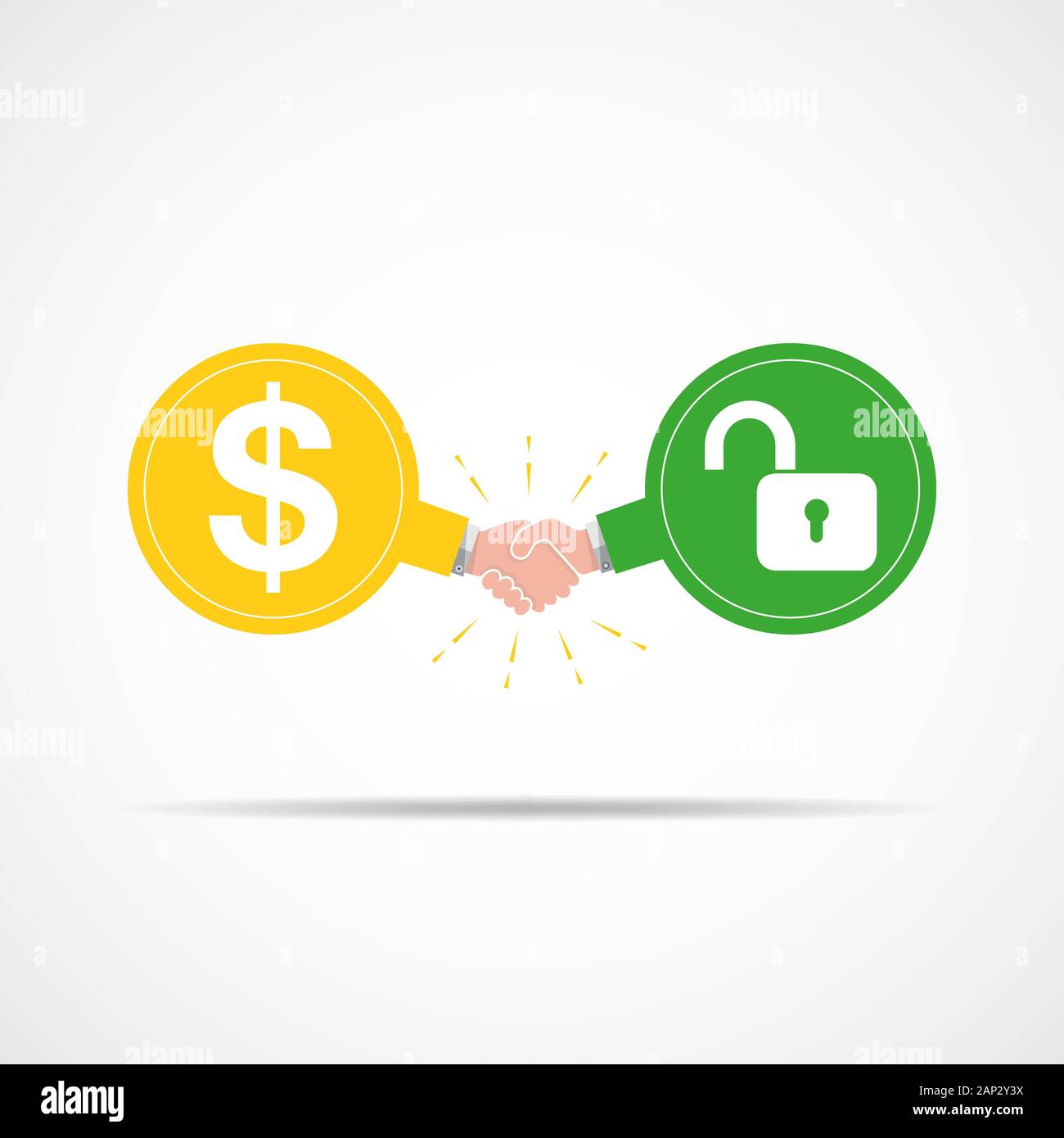 Symbol of handshake between dollar signs and open lock. Vector ...
