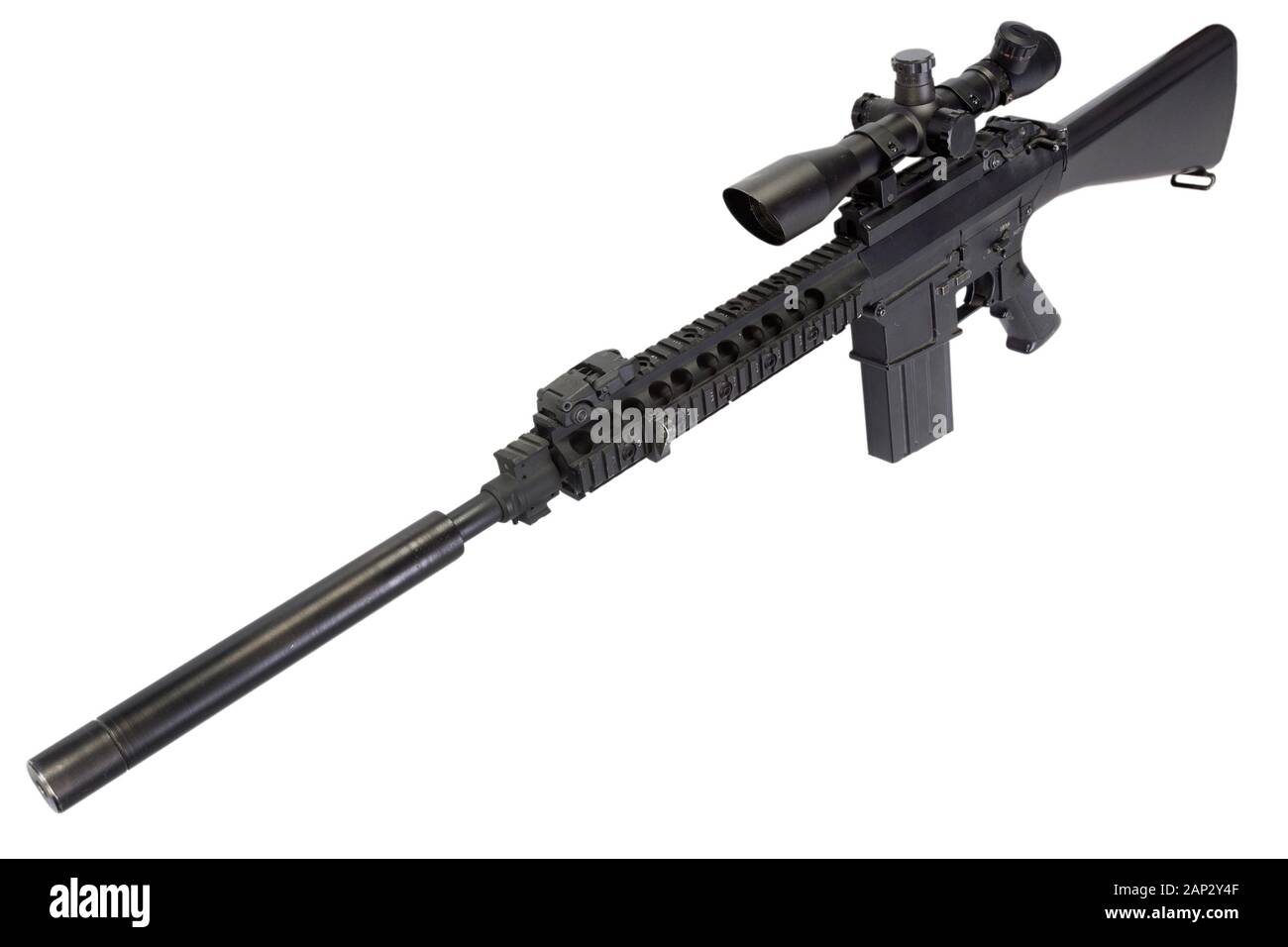 AR15 based sniper rifle with silencer isolated on a white background