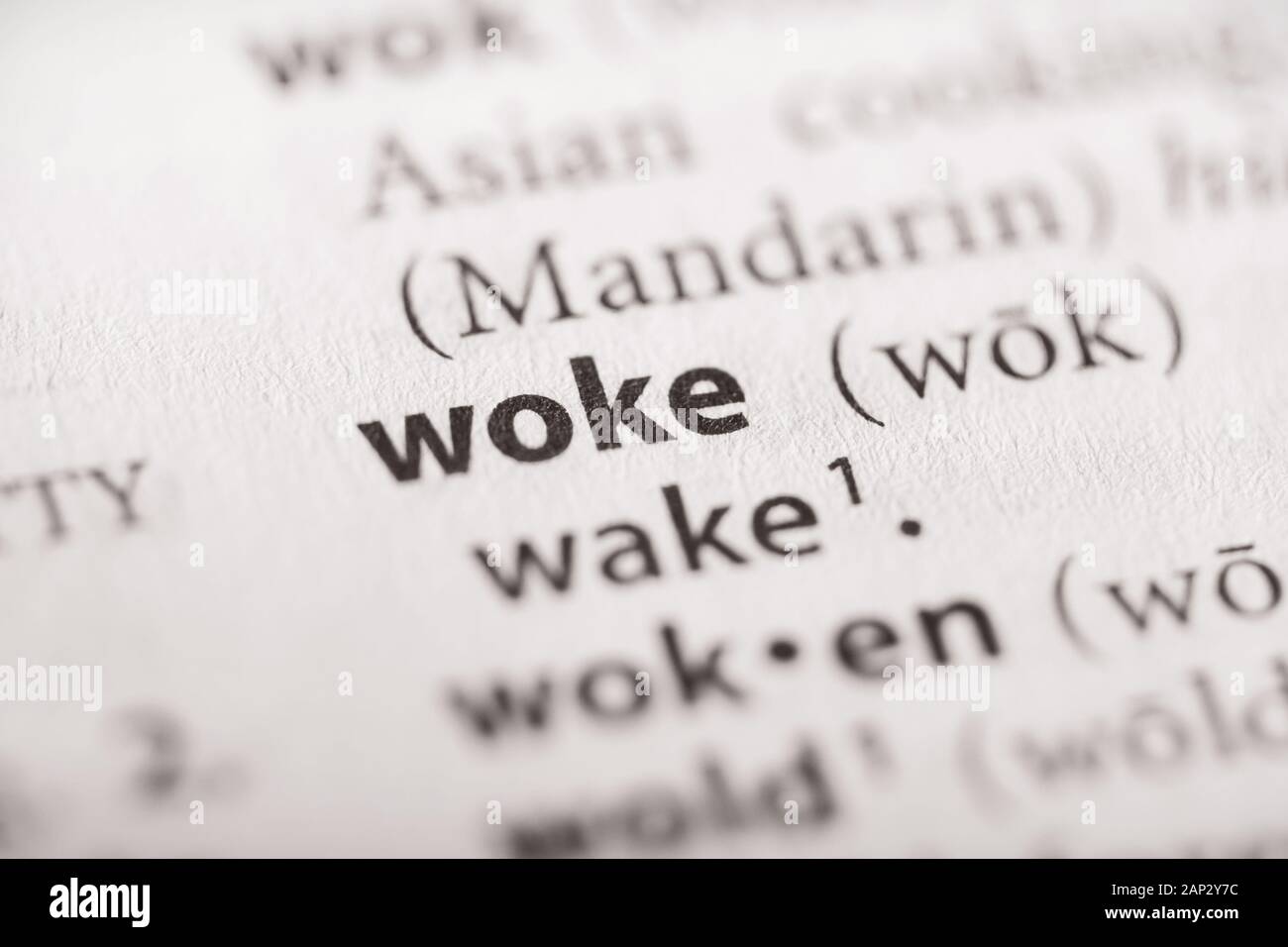 Selective focus on the word woke. Many more word photos in my portfolio. Stock Photo
