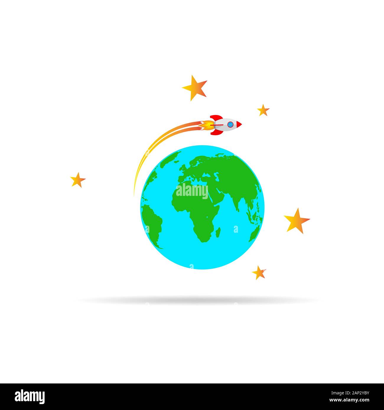 The spacecraft flies around the Earth. Colored space rocket with Globe Earth in flat design. Vector Illustration. Stock Vector
