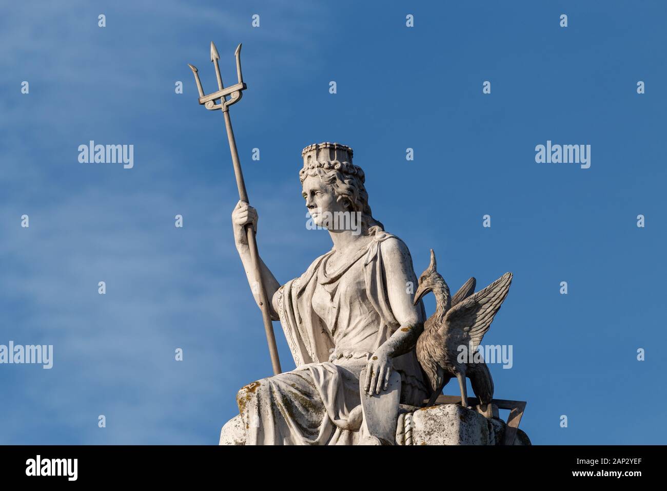 Spirit of Liverpool statue with Liver bird and trident on the roof of the Walker art gallery, William Brown street, Liverpool Stock Photo