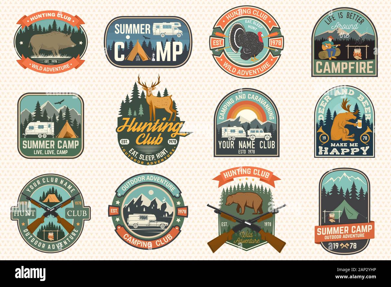 Summer camp and Hunting club patches. Vector. Concept for shirt or logo, print, stamp, patch or tee. Patch design with rv trailer, camping tent, campfire, hunter, man with guitar and forest silhouette Stock Vector