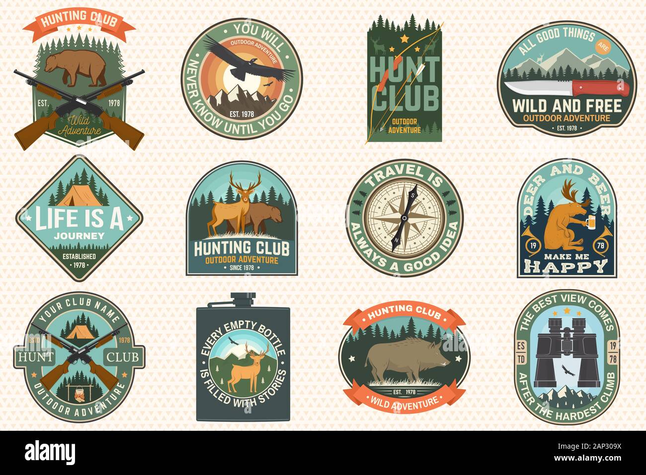 Set of outdoor adventure quotes and Hunting club patches. Vector Concept for shirt, logo, print, stamp, patch. Patch design with rknife, mountains, deer, flask, hunter, forest and mountains silhouette Stock Vector
