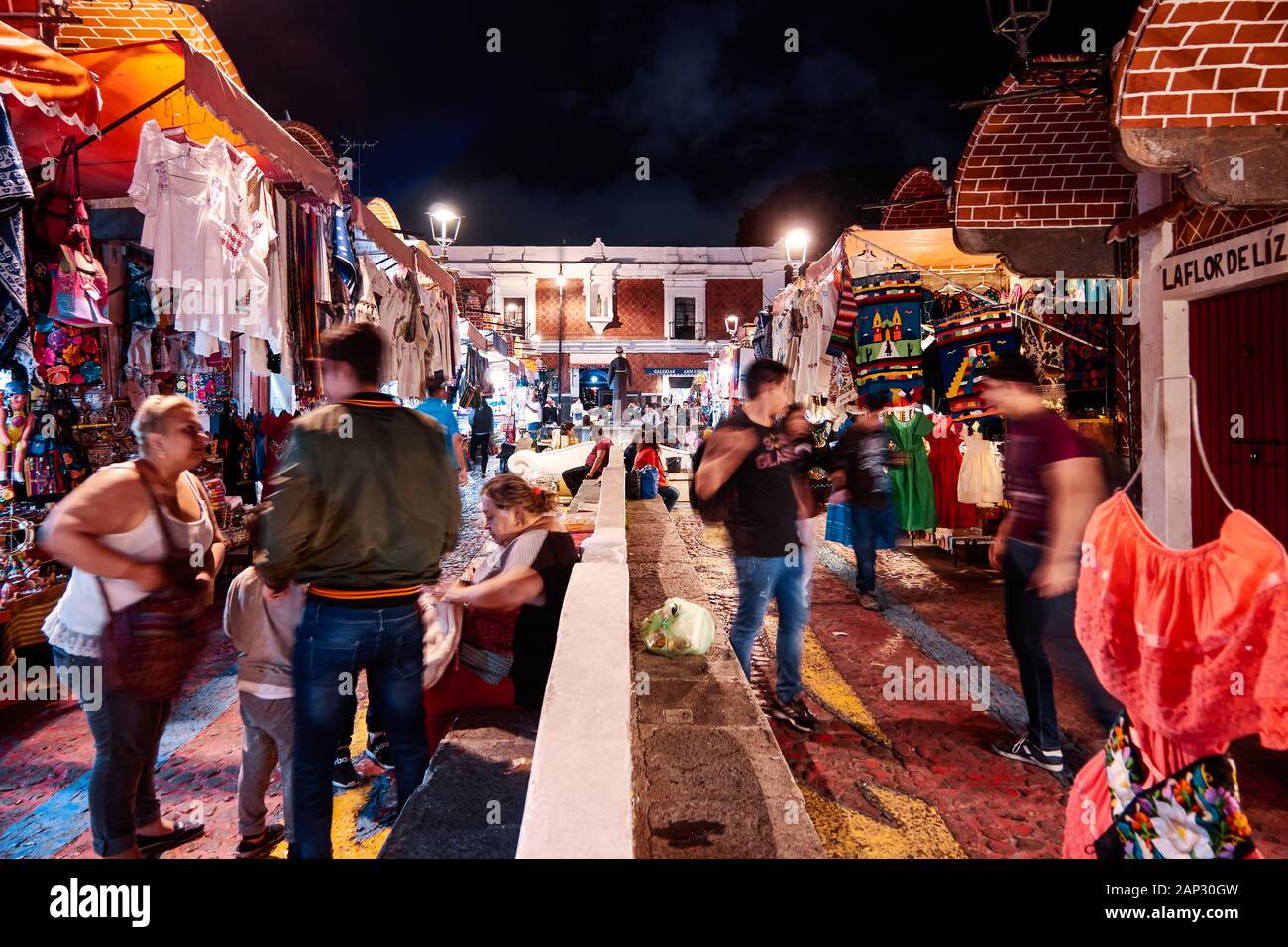 Puebla de Zaragoza, Mexico, October 15, 2018 - Unique handcraft market of Puebla El Parian with tourist at night Stock Photo