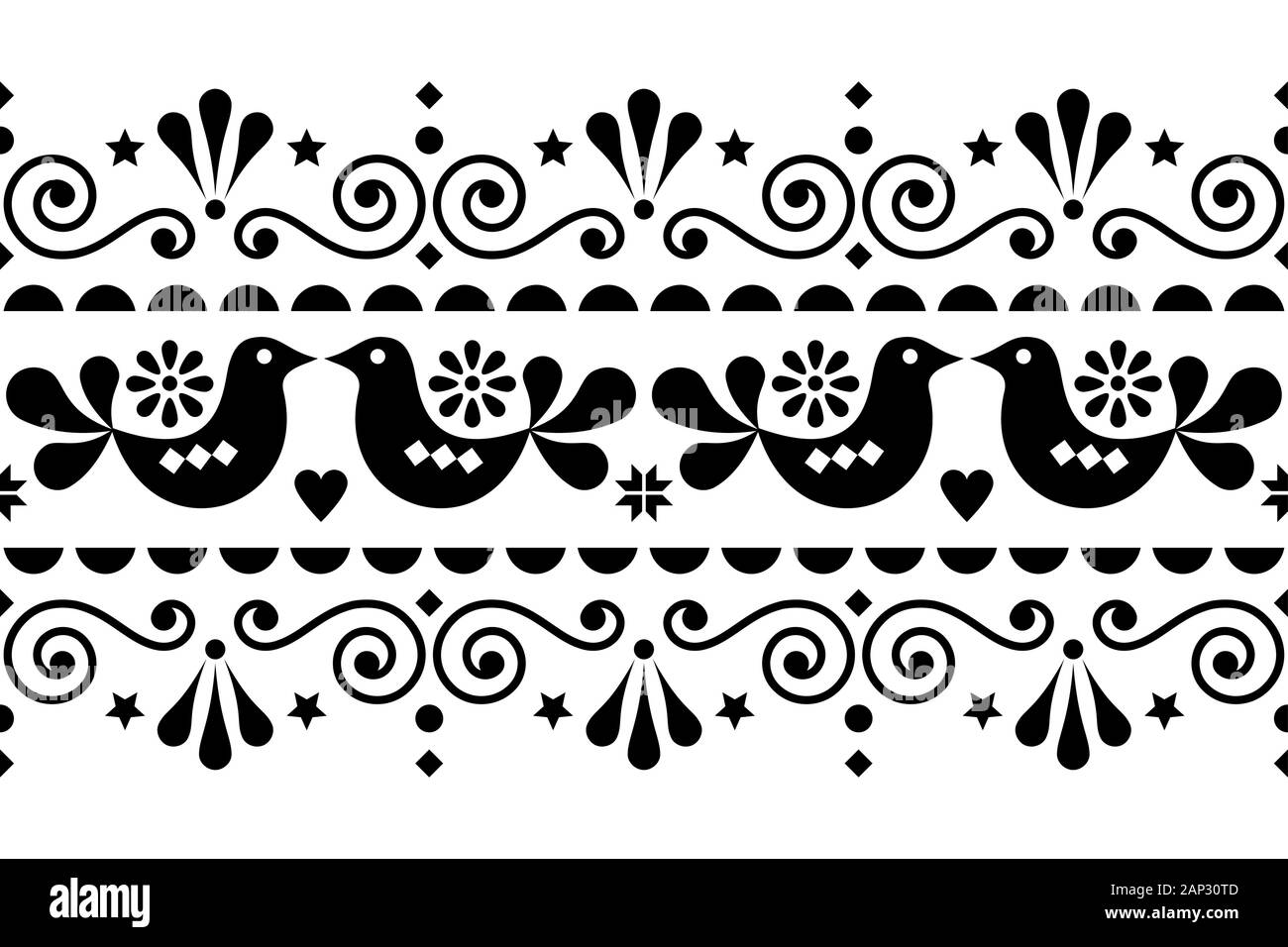 Scandinavian folk seamless vector long pattern, repetitive floral cute Nordic design with birds in black on white background Stock Vector