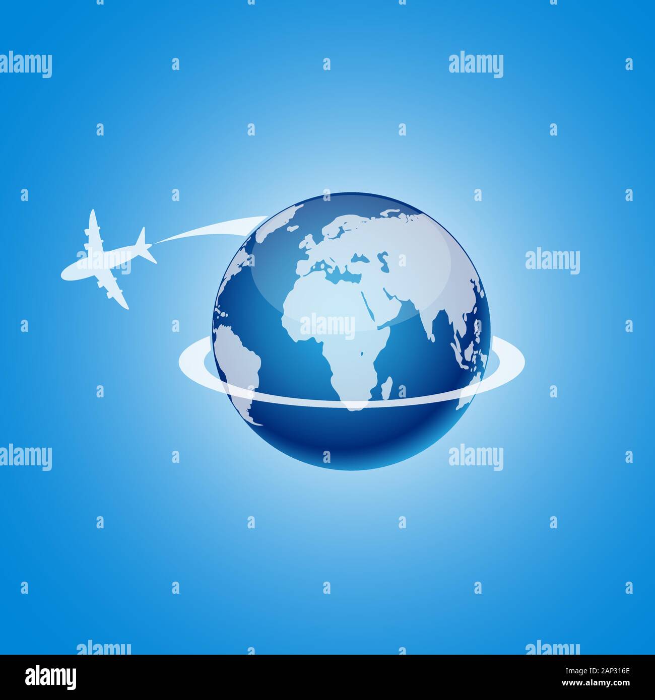 Concept of the air travel. Vector illustration. Airplane flying around ...