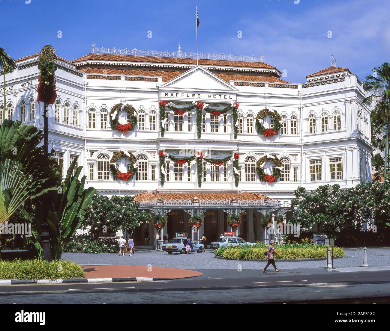 Raffles Hotel Singapore entrance at Christmas, Beach Road, Singapore Island, Singapore Stock Photo