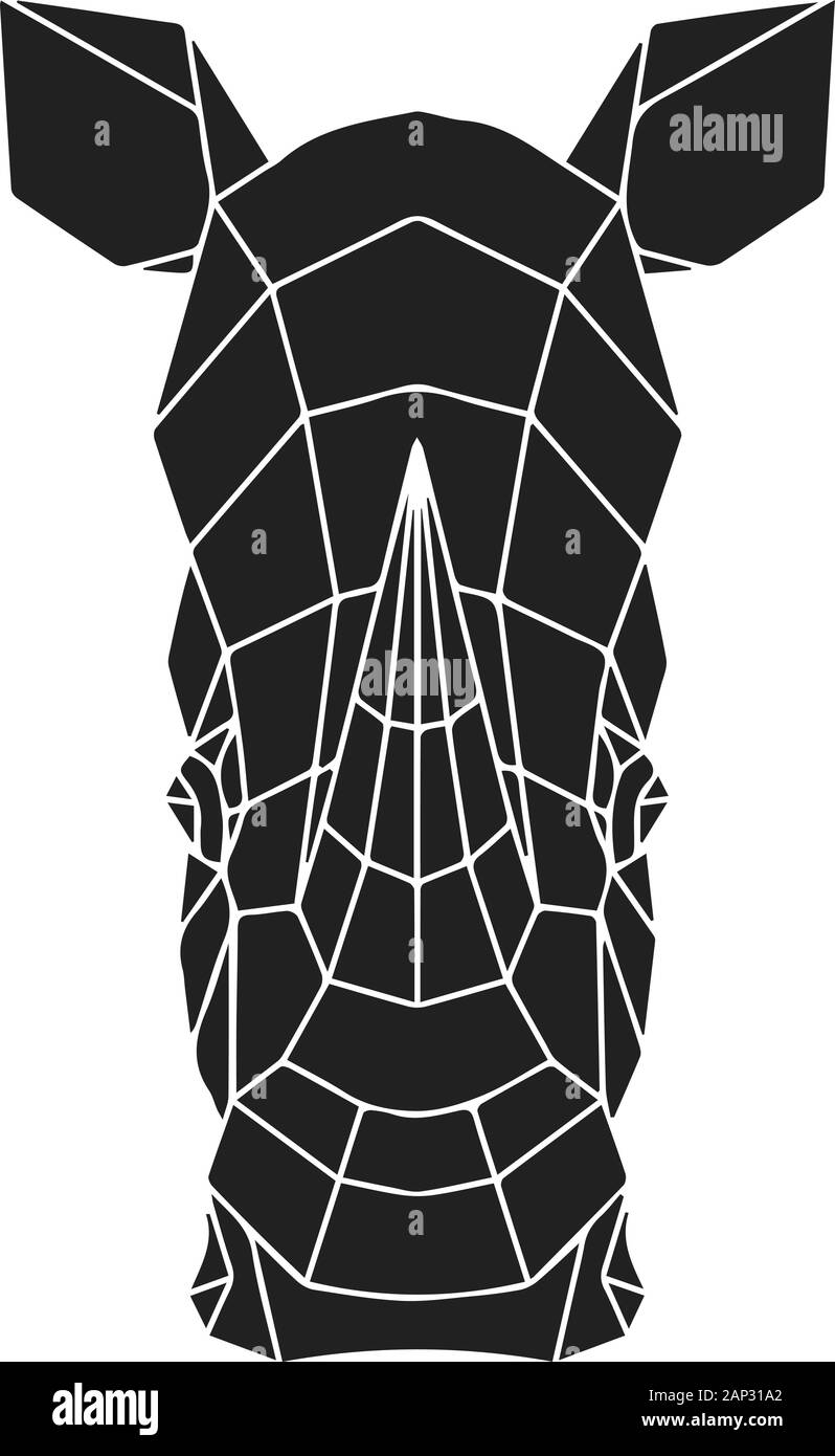 The black geometric head of rhino. Rhinoceros polygonal abstract animal of Africa. Vector illustration. Stock Vector