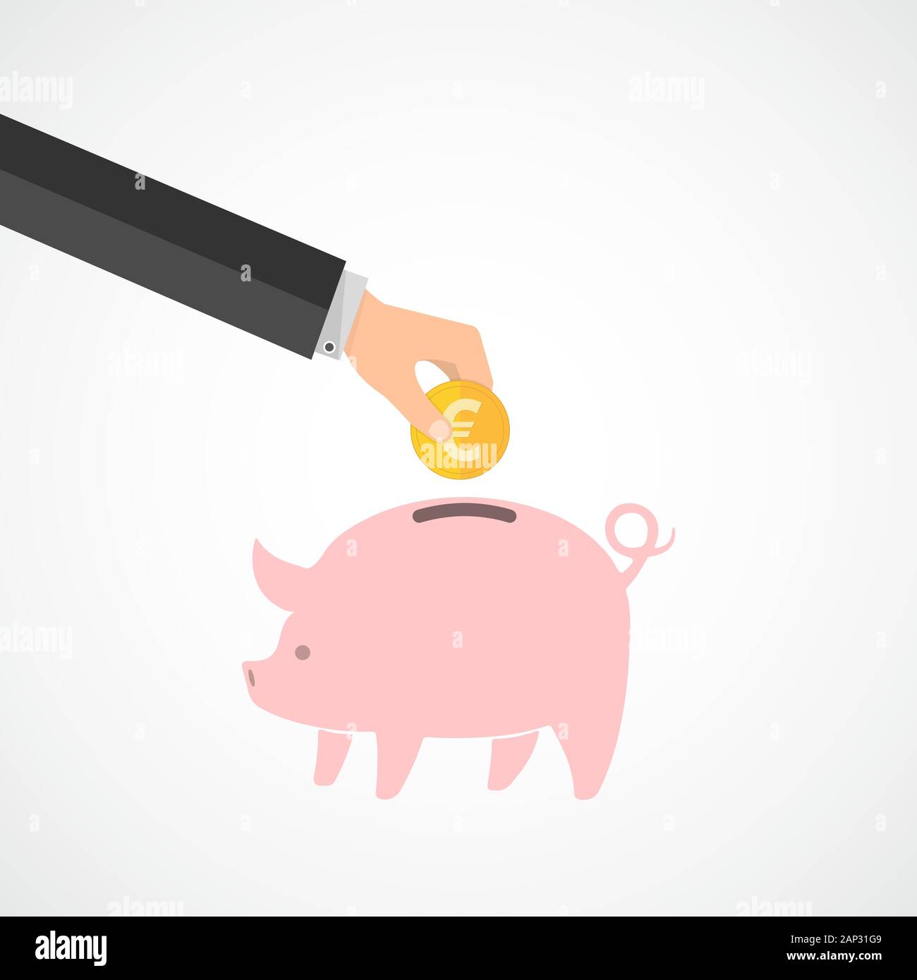 Piggy bank and hand with euro coin. Vector illustration. Hand put gold coin Stock Vector