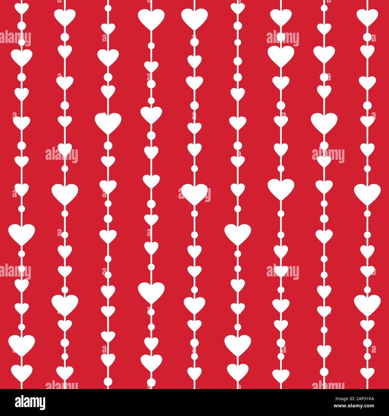 Seamless vector pattern with hanging heart garlands. Red background Stock Vector