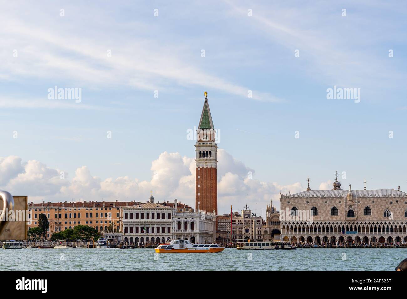 cityscape beautiful ancient town. Venice, laguna view on Basilica di Santa Maria della Salute, Piazza San Marco with Campanile, Doge Palace, and Arsen Stock Photo