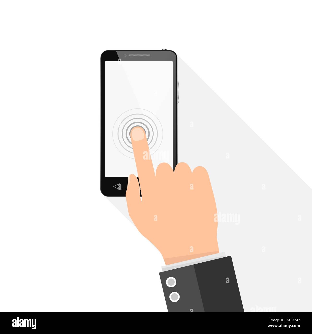 Smart phone with blank screen. Vector illustration. A man touches