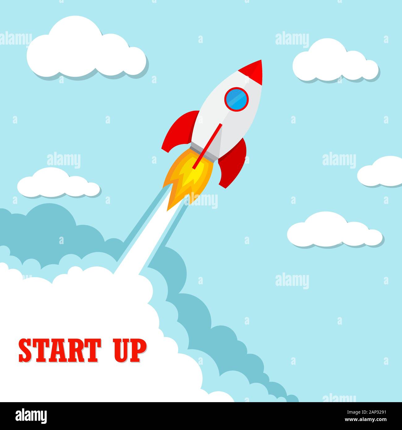 Start up of the space rocket. Rocket ship in flat design. Vector ...
