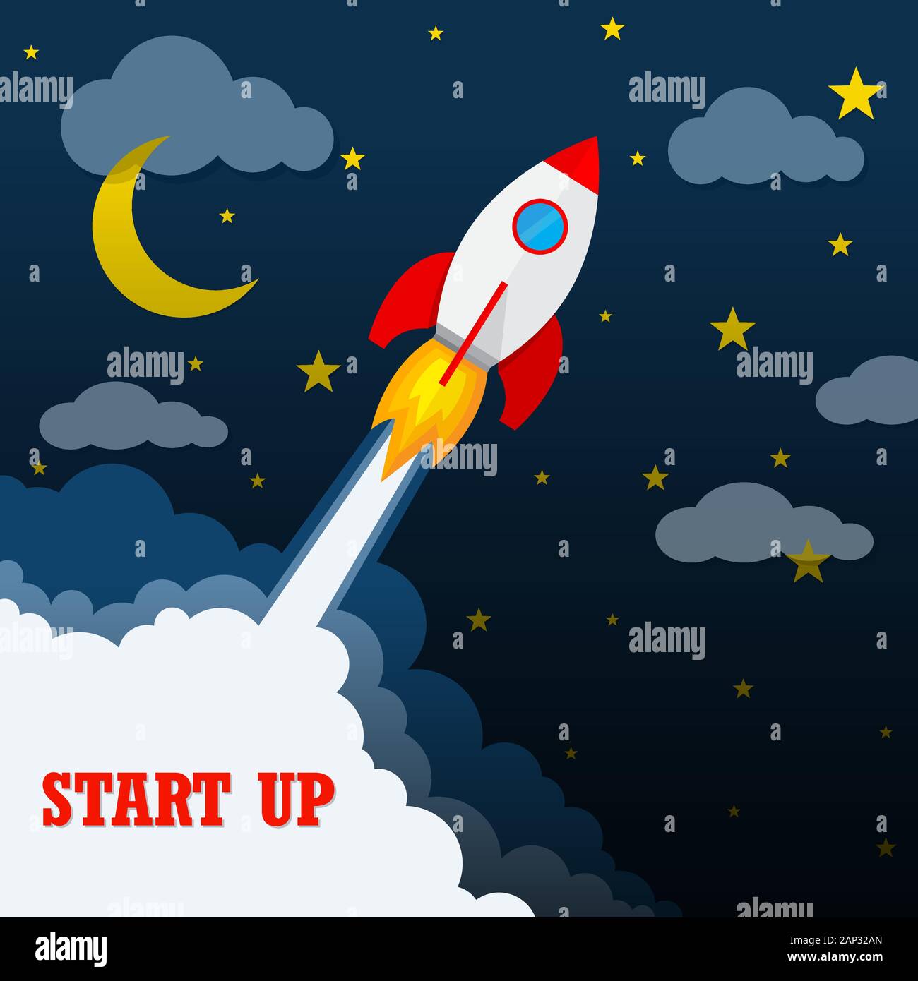 Start up of the space rocket. Rocket ship in flat design. Vector ...