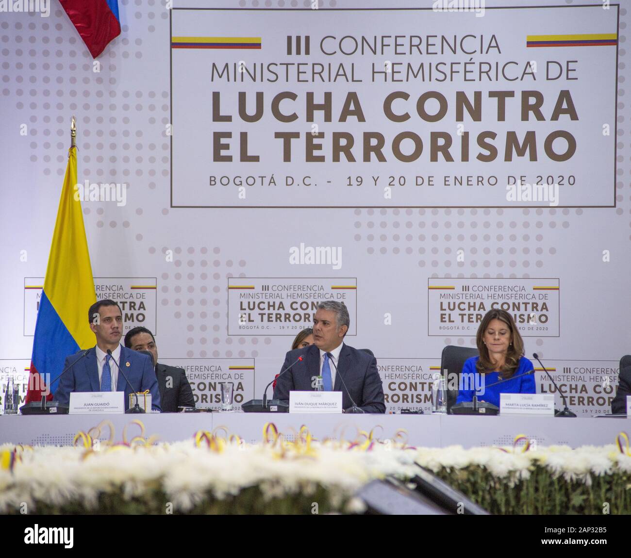 October 10, 2019: Colombia's President Ivan Duque, center of red carpet, US State Secretary Mike Pompeo, third person left of Duque, and Venezuela's opposition leader Juan Guaido, attending a ceremony marking one year since a car bomb attack at the police academy in Bogota, Colombia, during the inauguration of a regional anti-terrorism summit. Credit: Daniel Garzon Herazo/ZUMA Wire/Alamy Live News Stock Photo