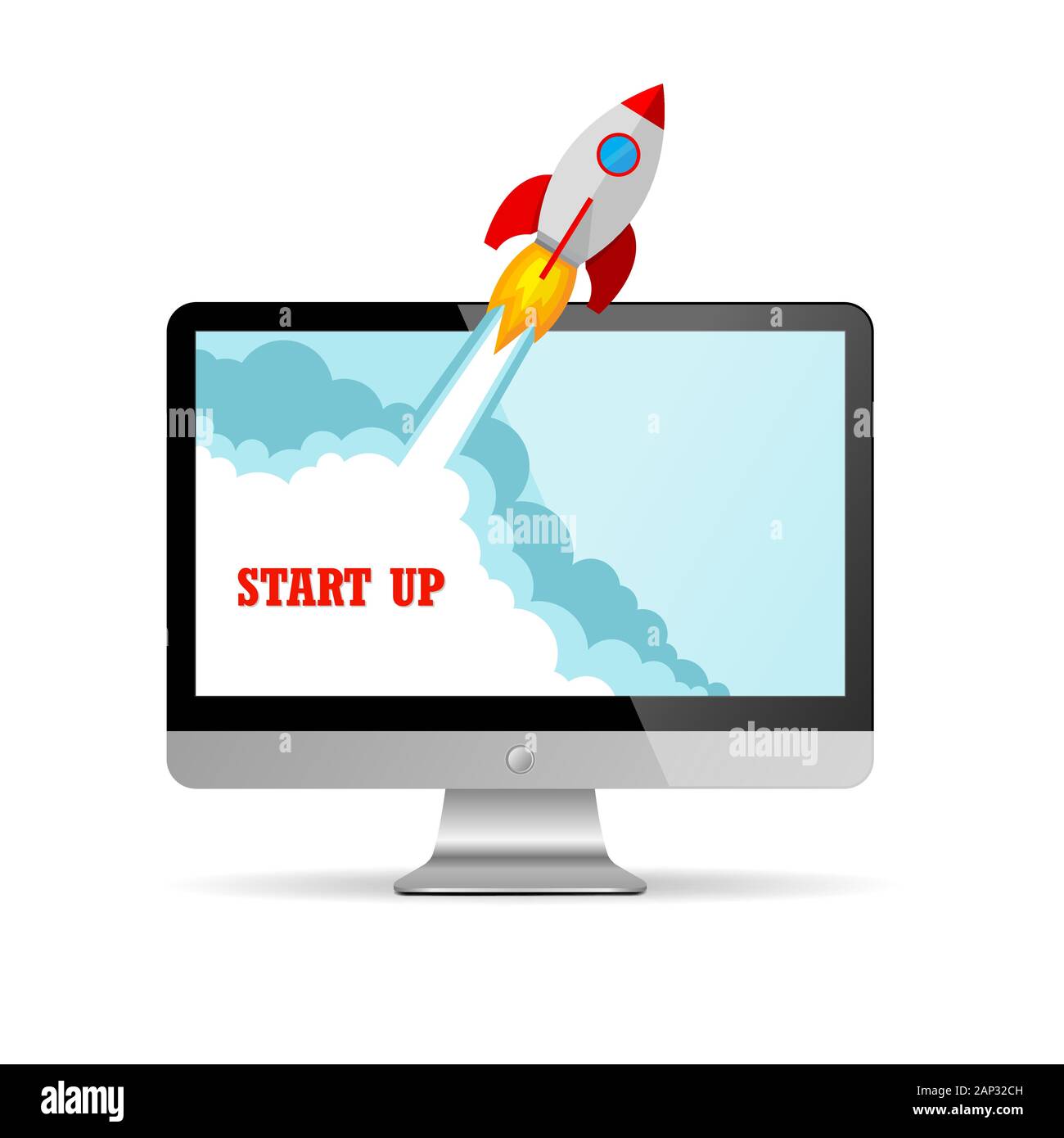 The spacecraft crashes outside monitor screen . Vector Illustration. Concept of business start-up. Stock Vector