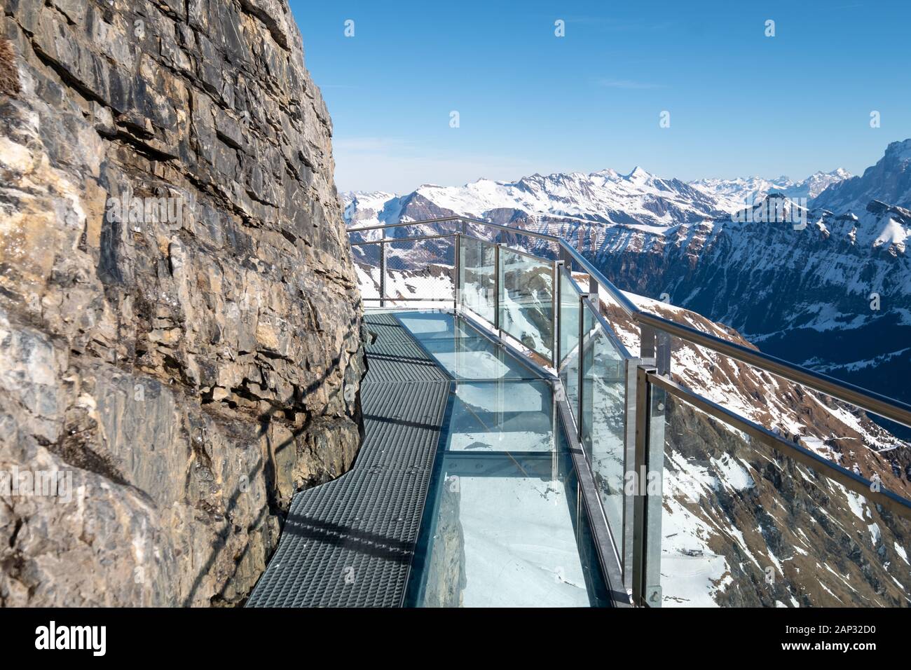 The Thrill Walk at Birg near Schiltorn in the Alps, Switzerland. It's a steel pathway built into the cliffside with a vertical drop underneath. Stock Photo