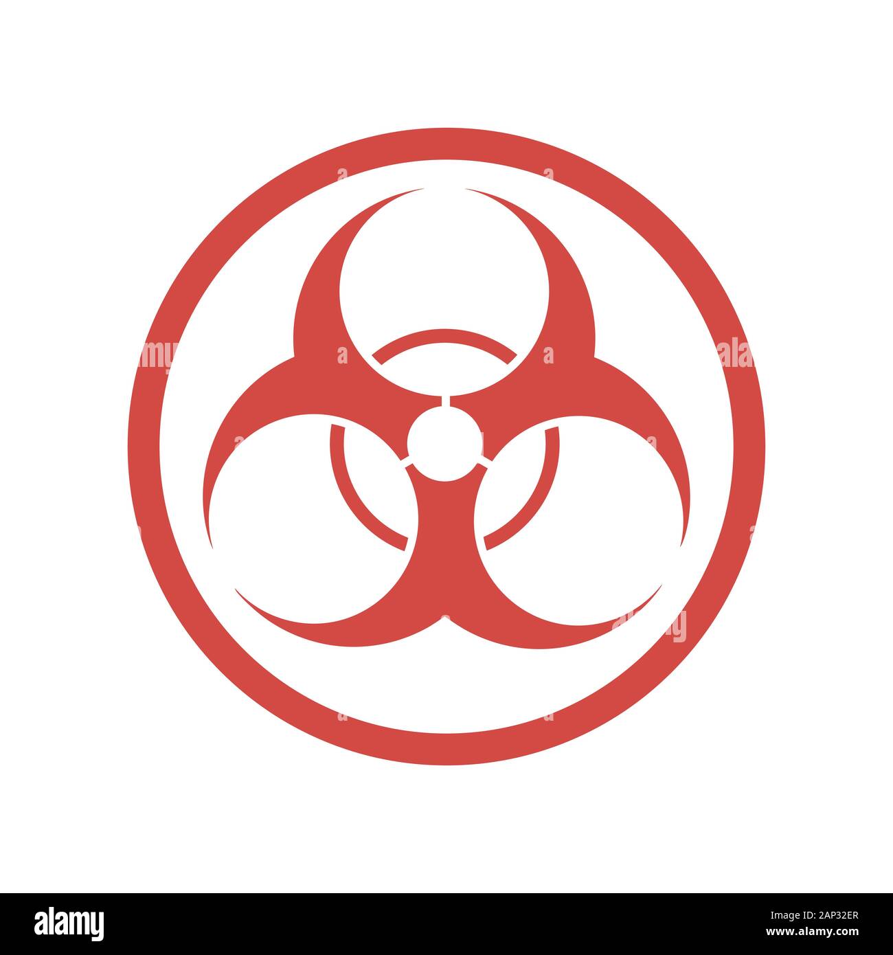 Biohazard icon in flat design. Vector illustration. Red symbol of biohazard, isolated on white background. Stock Vector