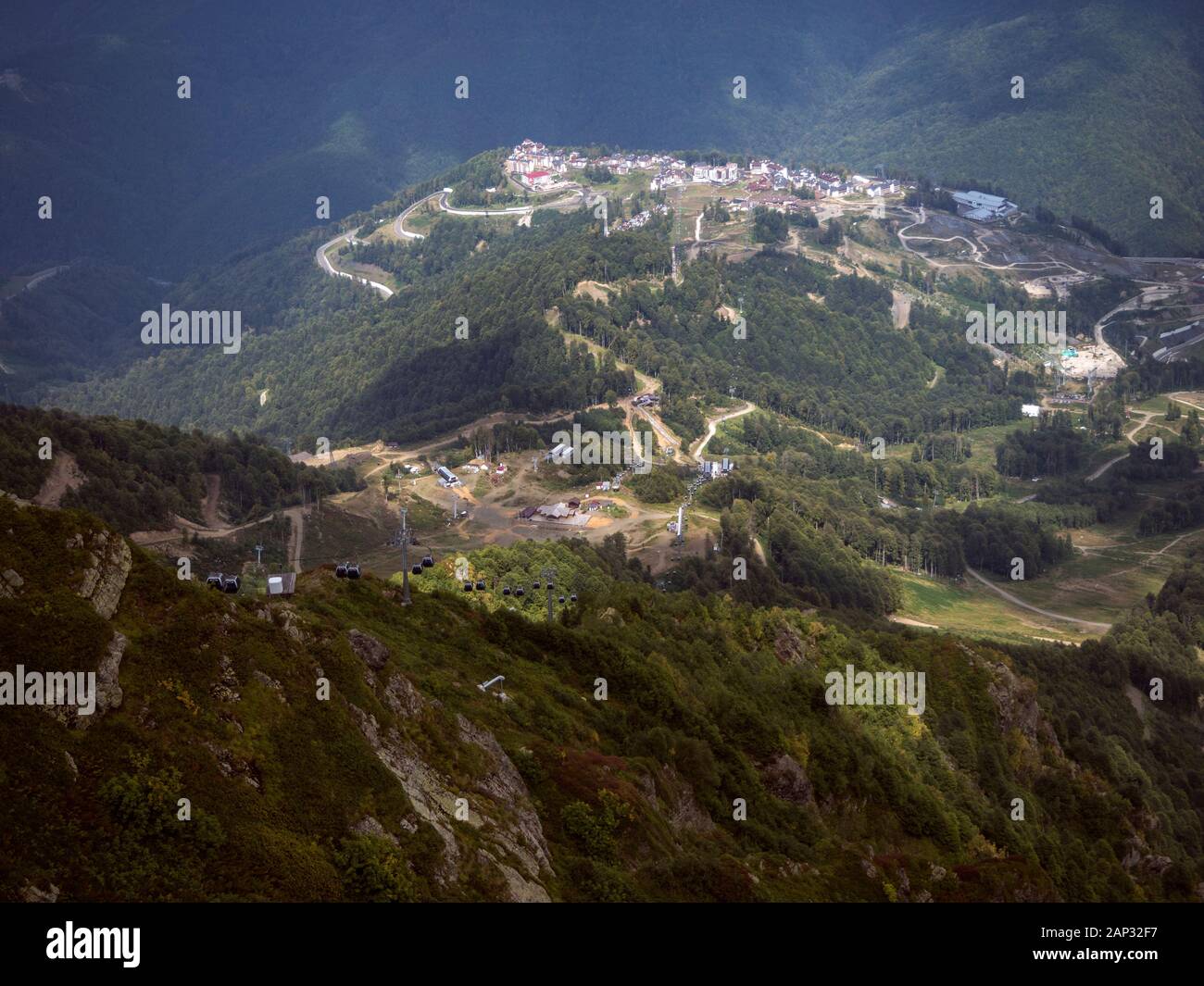 Beautiful view from the peak down Krasnaya Polyana Sochi Stock Photo