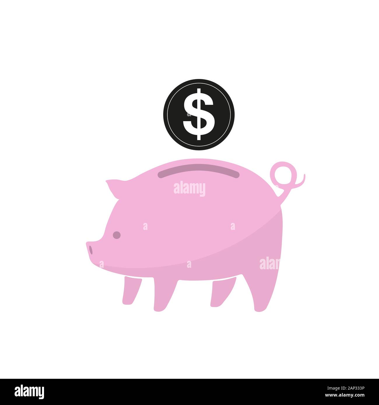 Pink piggy bank and coin isolated. Piggy bank with dollar coin in flat ...