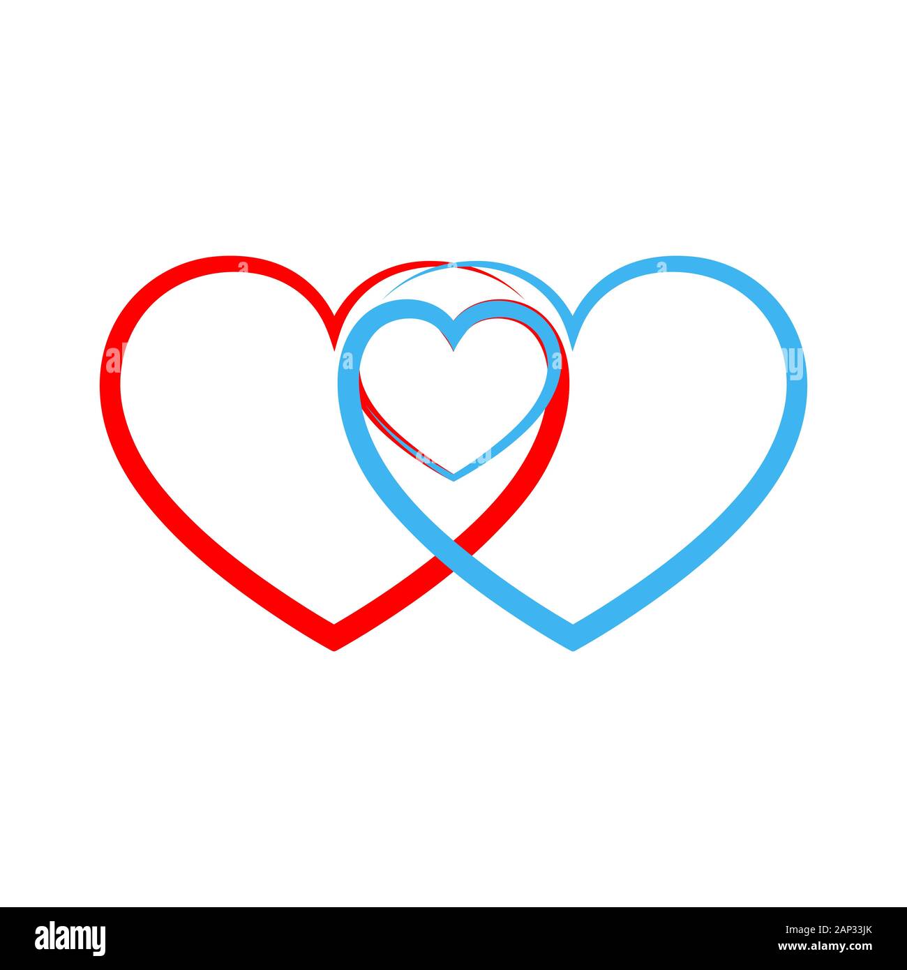 Two linear hearts connected among themselves. Vector illustration. Red