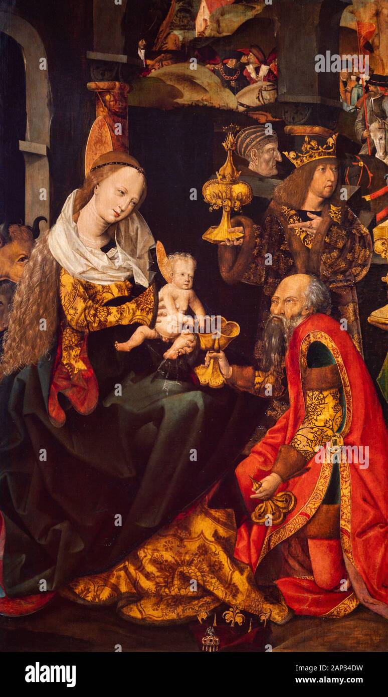 Adoration of the Magi. c. 1505/1508. Painting on fir (fragment). By Master of the Habsburgs. Stock Photo