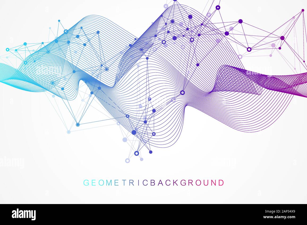 Geometric abstract background with connected lines and dots. Wave flow ...