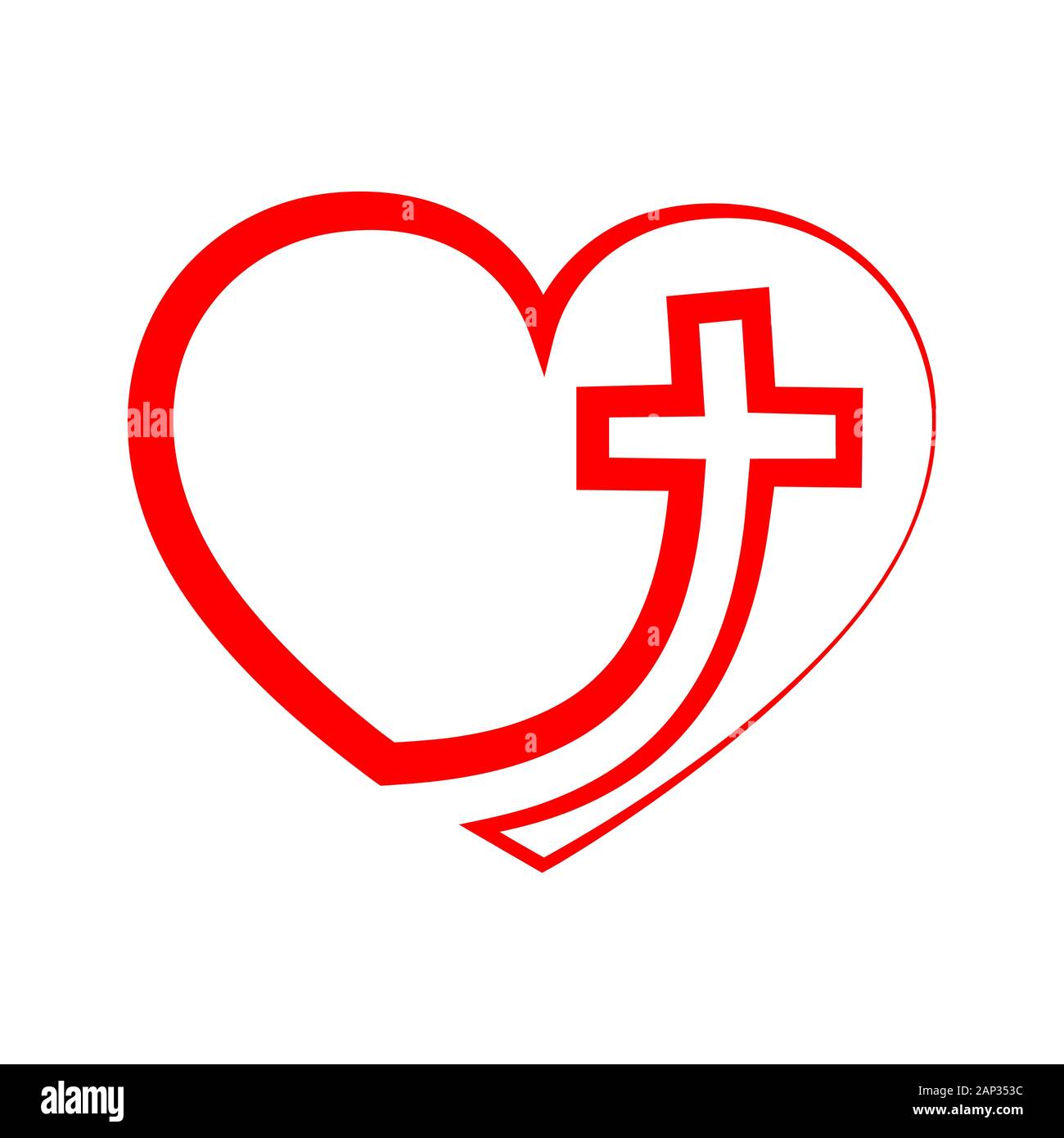 Christian cross icon in the heart inside. Red christian cross sign
