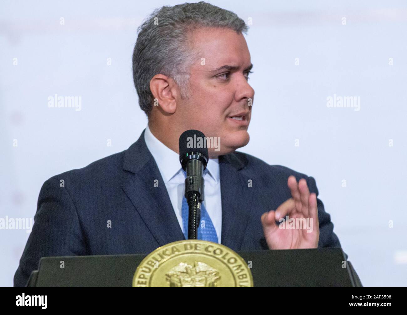 Colombian President Ivan Duque speaks during the opening of a regional counter-terrorism meeting at the police academy in Bogota. Stock Photo