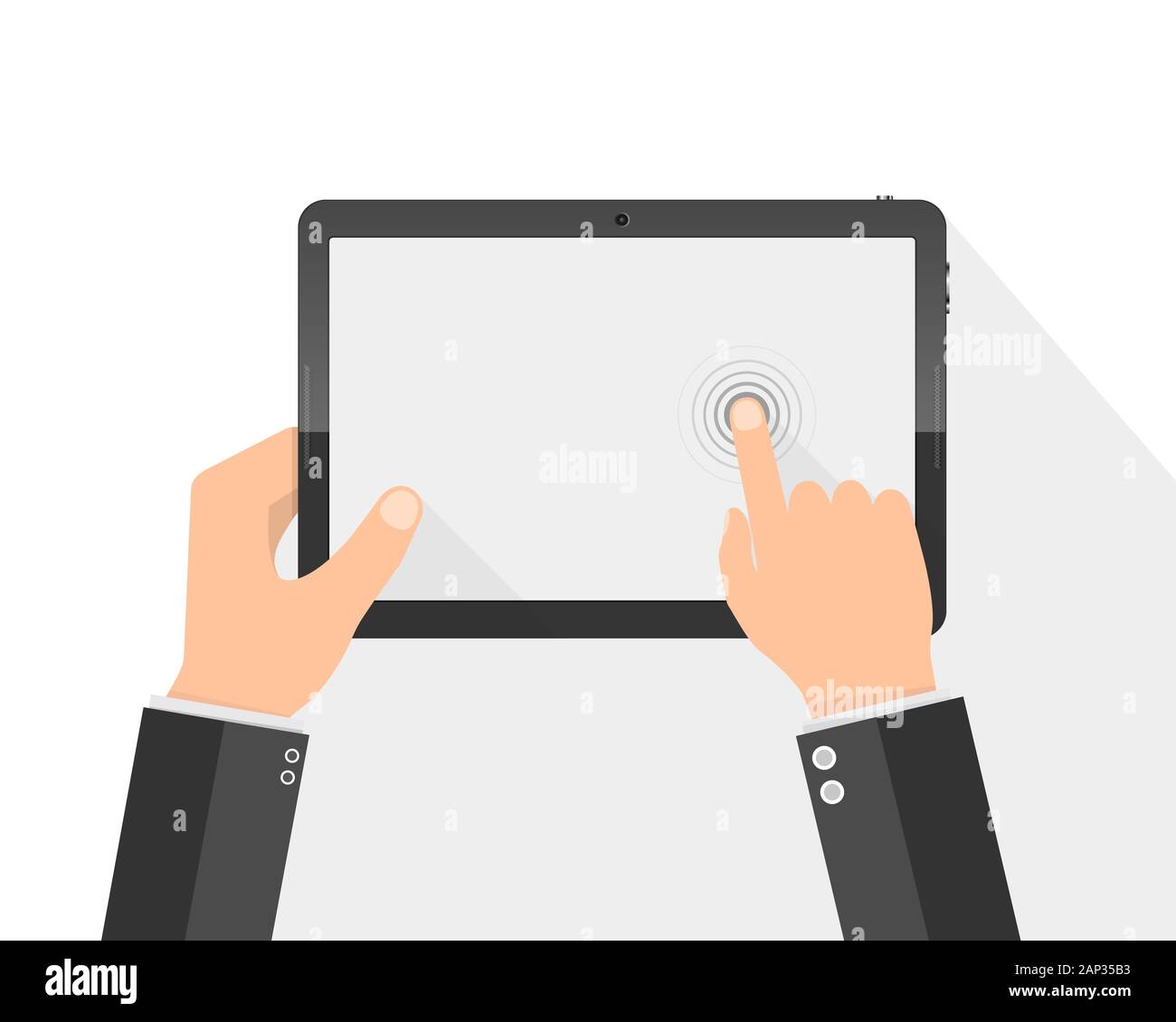 Hands holding digital tablet with blank screen. Vector illustration ...